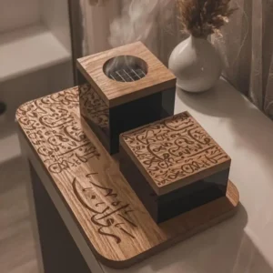 Handcrafted Wooden Islamic Incense Burner Set with Arabic Calligraphy