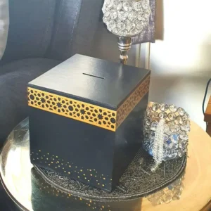 Elegant Black & Gold Islamic Donation Box with Geometric Cutwork